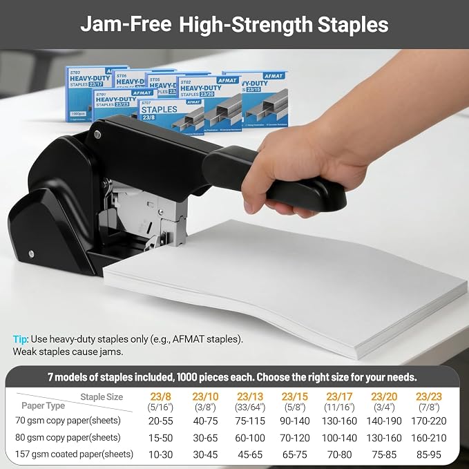 AFMAT Heavy Duty Stapler, 210 Sheet Staplers for Desk with 7000 Staples, Jam-Free, 50000+ Uses, 60% Reduced Effort, Easy Reload, Adjustable Paper Guide, Large Metal Manual Office Staplers, ES15