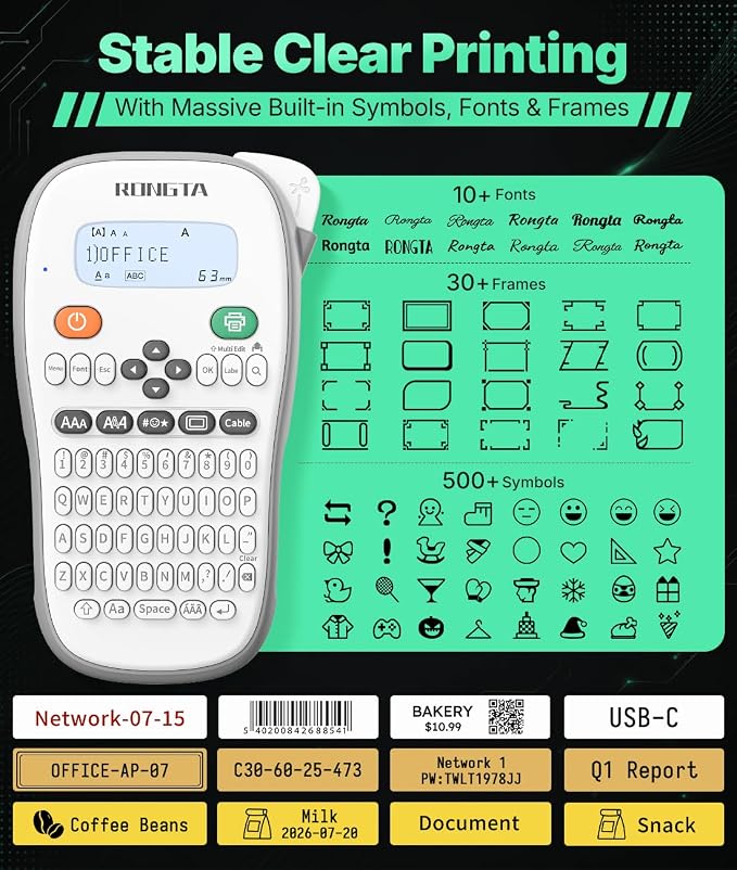 Rongta TH110 Bluetooth Handheld Label Maker Machine with 1 Tape, QWERTY Keyboard Portable Label Printer, for Home, Office, Organization