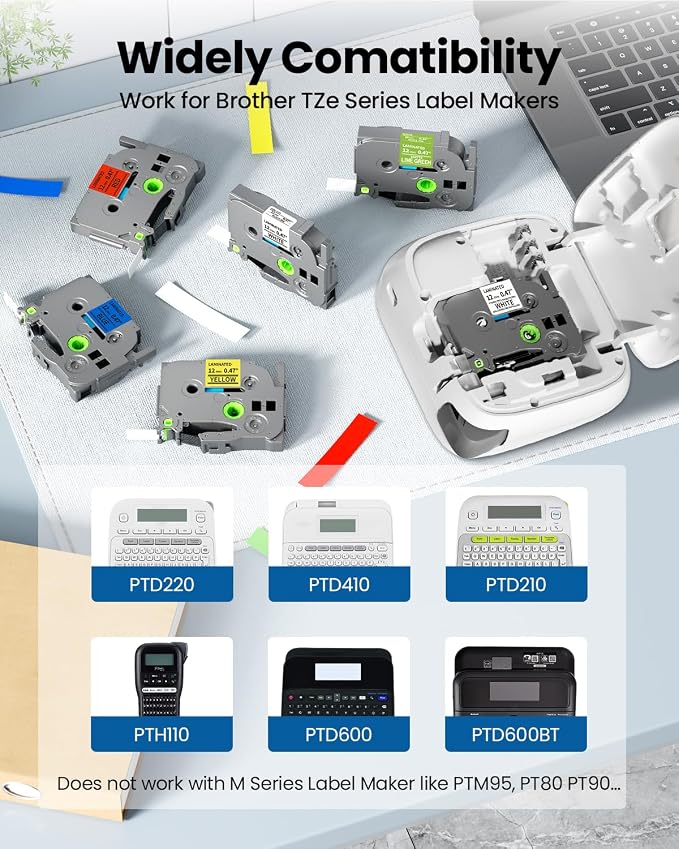 PT-D220 PTD210 PTD400AD PT-H111 PT-1750 Label Maker Tape 12mm 0.47 | Laminated Ptouch Label Tape Replacement for Brother TZ TZe Compatible with Brother P-Touch Refills 1/2 Inch x26.2 Ft, 6 Pack