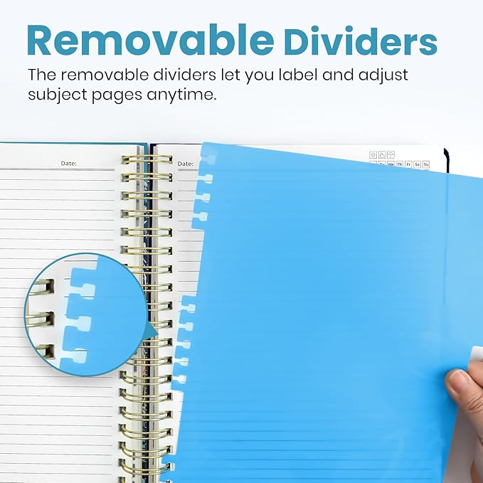 Large Spiral Lined Notebooks for Work with Removable Dividers & Tabs, 8.5"x11" Pretty Hardcover 5 Subject Notebook Journal for Women, College Ruled, Perfect for Study & Office Organization, 280 Pages, Deep Bearingsy