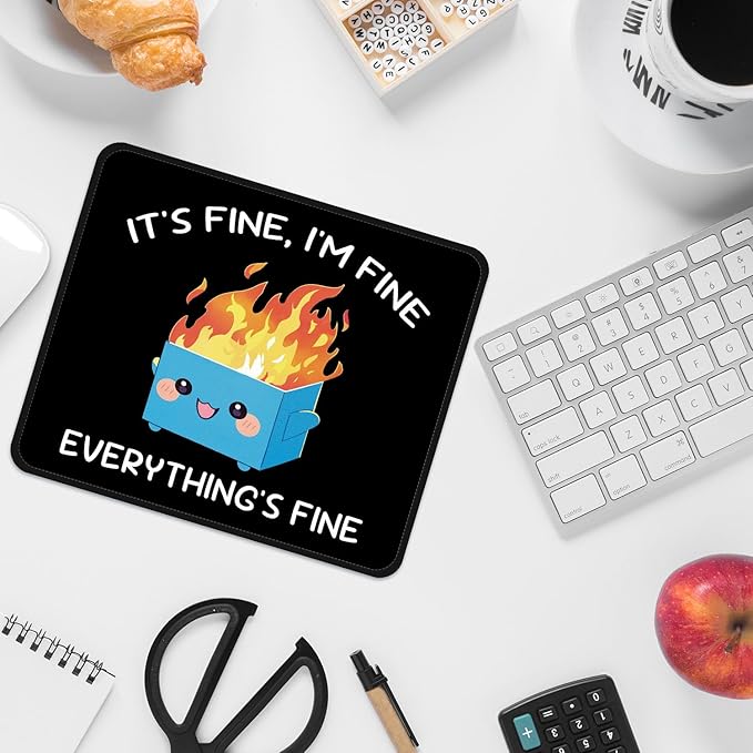 Mouse Pad with Stitched Edges - Funny Mousepad for Women, 9.25 x 7.75 inch Washable Square Desk Pad, Non-Slip Rubber Base, Office Home Laptop Accessories - Blue Box on Fire