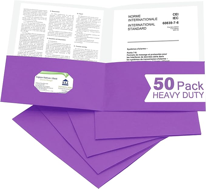 Zzrywuty 50 Packs Purple Paper Folders with Pockets for Students,Businessmen and Office Workers,Letter Size,Two Pocket Folders with Card Slot for Office,Business,School Supplies