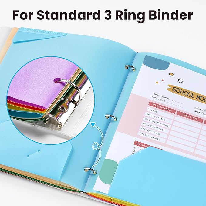 Sooez 2-Pocket Folders, Plastic Folders with Pockets 3 Hole Punched, 1 Pack Pockets Folder for 3 Ring Binder with Labels, Heavy Duty Binder Folder for Document, Letter Size File Folder,Blue