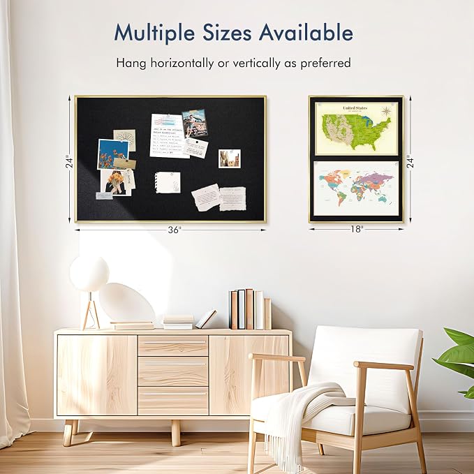 DOLLAR BOSS Bulletin Board with Linen, 36'' x 24'', Golden Frame, Black | Bulletin Board with Linen Fabric 36'' x 24'', Golden Aluminum Frame, Cork Boards for Walls, Decorative Pin Board for Office