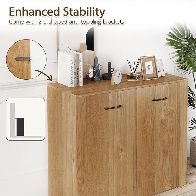 Giantex 38" Sideboard Cabinet with 2 Doors & 4 Shelves (Natural) | Bathroom Storage Organizer with Anti-Tipping Device, Metal Hinges, Credenza for Living Room, Kitchen, Entryway