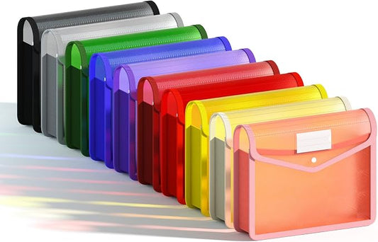 10 Pack Plastic Expanding File Folder, Clear Mesh File Envelopes with Label Pocket & Snap Button, Waterproof Letter/ A4 Size Paper Organizer Folder, Large Capacity for School Office Home Travel