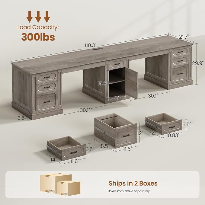 SEDETA Farmhouse 110.3" Two Person Desk with 7 Drawers, Long Computer Desk with Storage Cabinet, 2 Person Desk with Power Outlets for Home Office, Gray