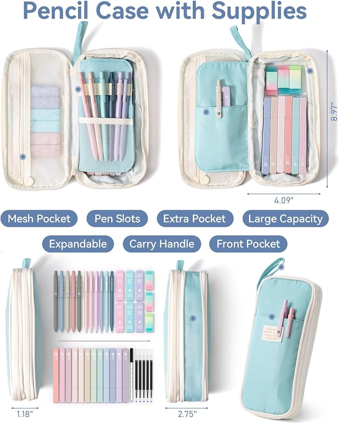 Four Candies School Supplies with Cute Pencil Case, 39ct, Blue | Back to School Stationery Set, Essentials for College & Nursing Students, 5 Gel Pens, 6 Mechanical Pencils, 12 Highlighters