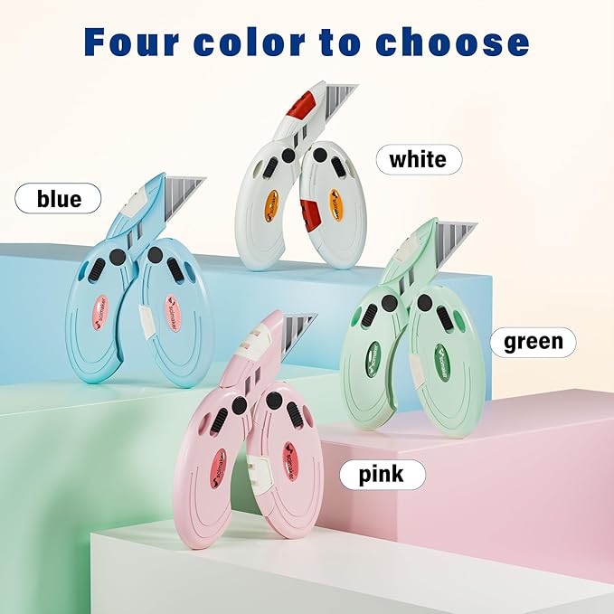 Box Opener with 10 Extra Blades,Mini Box Cutter with Button Lock Mechanism,Razor Blades Utility Knife for Opening Daily Express Boxes, Packages, Envelopes,Paper tapes,Pink,4 Pcs.