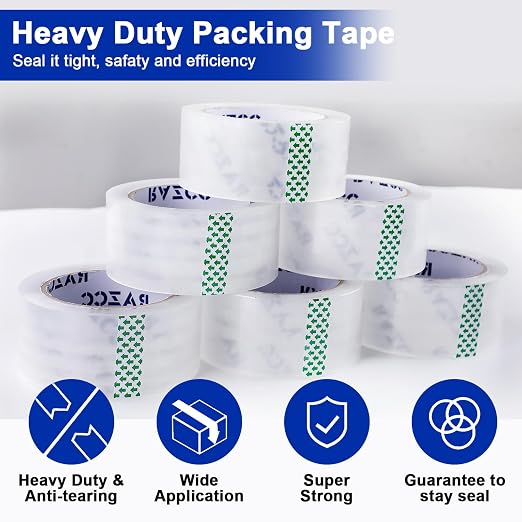 RAZCC Clear Packing Tape, 12 Rolls Heavy Duty Packaging Tape with Dispensers for Packing Shipping Moving and Sealing, Thicker Packing Tape-2" x 65 Yards Per Roll, 780 Total Yards