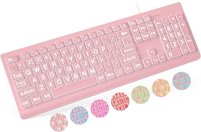 SABLUTE Large Print Backlit Keyboard, Wired USB Lighted Computer Keyboards with 7-Color & 4 Modes Backlit, Oversize Letters Keys Easy to See and Type, Quiet Keyboard Compatible for PC, Laptop -Pink