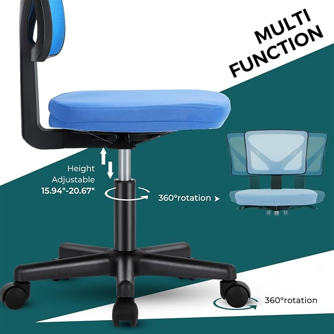 DUMOS Armless Desk Chairs, Small Home Office Mesh Chairs | Ergonomic Adjustable Mid Back, Swivel Rolling Task, Computer Work Vanity Small Spaces, Blue