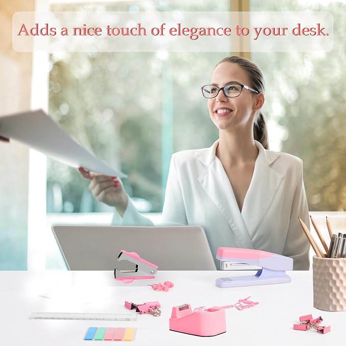 Pink Desk Accessories Set for Women, Stapler and Tape Dispenser Set with Scissor, Staple Remover, Clips & Tabs, Cute Office Supplies Kit for Desk Organization, School, Home & Office, Gift Idea