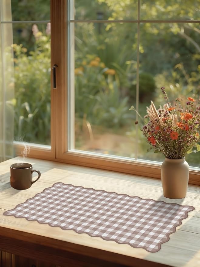 Scalloped‌ Checkered Desk Mat Cute Brown Gingham XXL Large Gaming Mouse Pad Farmhouse Cottagecore ‌Vintage‌ Keyboard Computer Mat Pad for Desktop Aesthetic Cozy Office Desk Decor