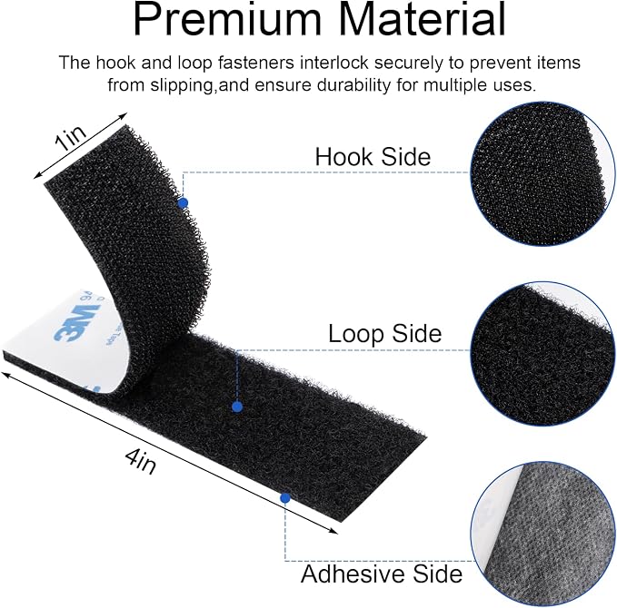 24 Sets 1×4 Inch Heavy Duty Adhesive Hook and Loop Tape - Double Sided Tape | Industrial Strength Square Fasteners for Wall Decor, Home, Office, Car, DIY