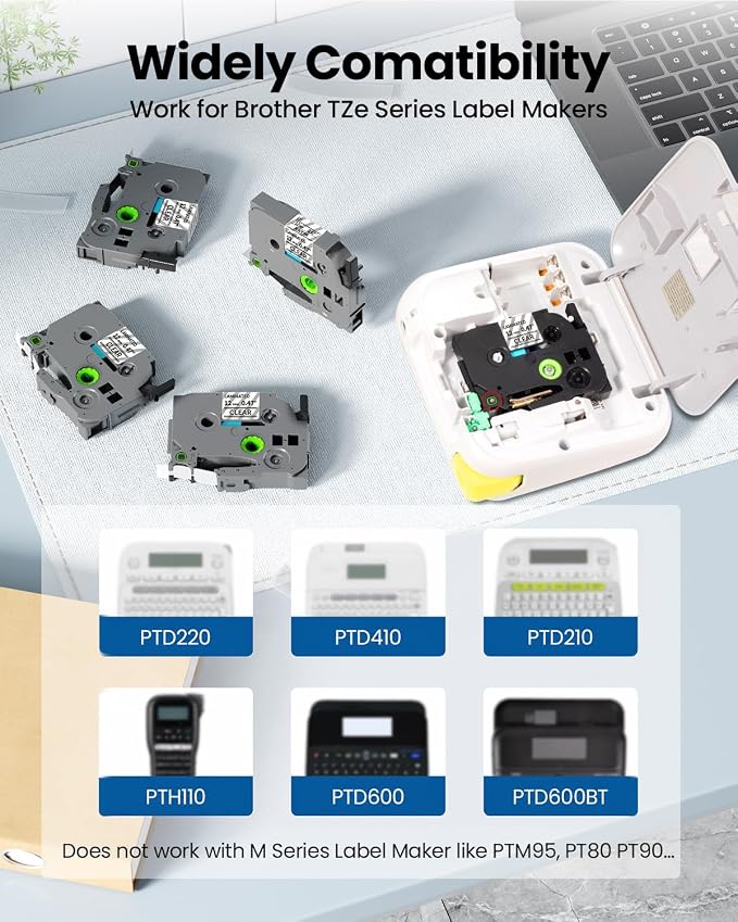 TZe TZ Tape 12mm 0.47 Laminated Clear Compatible with Brother P-Touch | Label Tape Clear TZe-131 Label Maker Tape Black on Clear Work for Ptouch PT-H110 PT-D210 Refills, 1/2 Inch x 26.2 ft, 4-Pack