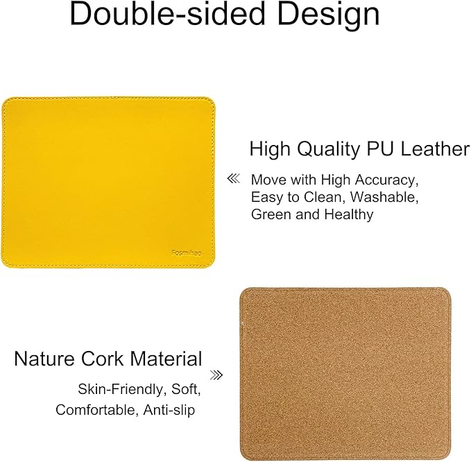 Leather Mouse Pad - Wood Mouse Pad, Double Side Mouse Pad with Stitched Edge, Waterproof Ultra Thin Mouse Pad for Computers, Laptop, Office & Home, 10.2 x 8.3 Inch, 1 Pack (Yellow)