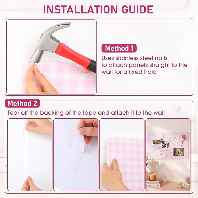 Felt Bulletin Board, 24" x 15.7" Decorative Felt Pin Board, Foldable Photo Display with Pushpins, Wall Vision Cork Boards Alternative for Home Bedroom Office Dorm (Pink Plaid)