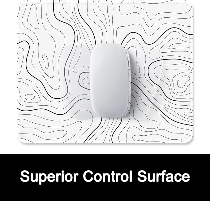 ITNRSIIET Mouse Pad with Stitched Edge Premium Textured Smooth Precise Operation Waterproof Washable Non-Slip Rubber Base Desktop Protection Mat, 10.2×8.3×0.12 inches, Topographic Contour White