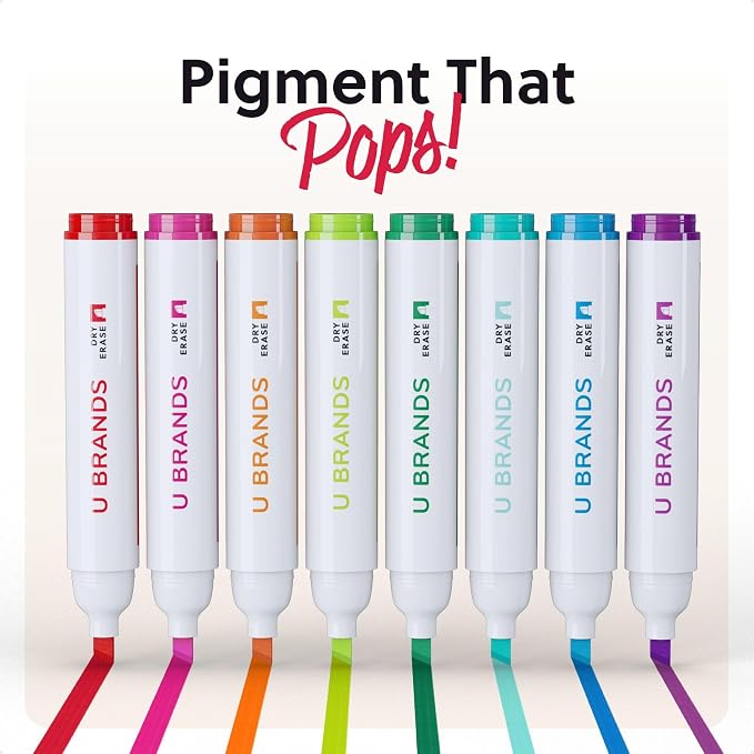 U Brands Dry Erase Markers Chisel Tip Set, 8 Pack, Assorted Colors, Whiteboard Pens with Chisel Point and Built In Eraser Caps, Low Odor Ink, Dry Erase Markers For Classroom, Office, Or Home