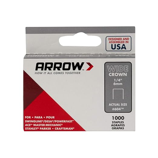 Arrow 60430 Wide Crown Staples for Staple Guns and Staplers, Use for Upholstery, Crafts, General Repairs, 1/4-Inch Leg Length, 1/2-Inch Crown Width, 1000-Pack