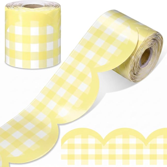 Zonon 65ft Yellow Gingham Bulletin Board Border Pastel Scalloped Bulletin Board Trim Back to School Classrooms Decoration for Party Whiteboard, Walls, Desks, Windows, Doors, Lockers