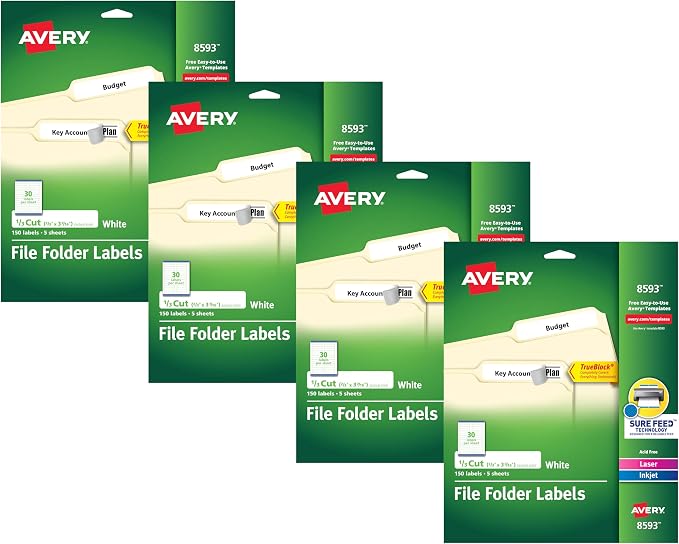 Avery File Folder Labels with TrueBlock Technology, Permanent Adhesive, 2/3" x 3-7/16", Laser/Inkjet, 150 Labels (08593) (Pack of 4)