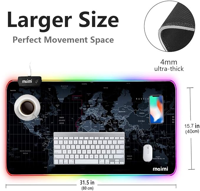 Extended RGB Gaming Mouse Pad, Extra Large Gaming Mouse Mat for Gamer, Waterproof Office Desktop Mat with 10 Lighting Mode, for PC Computer RGB Keyboard Mouse - 31.5'' x 15" x 4mm(Map)