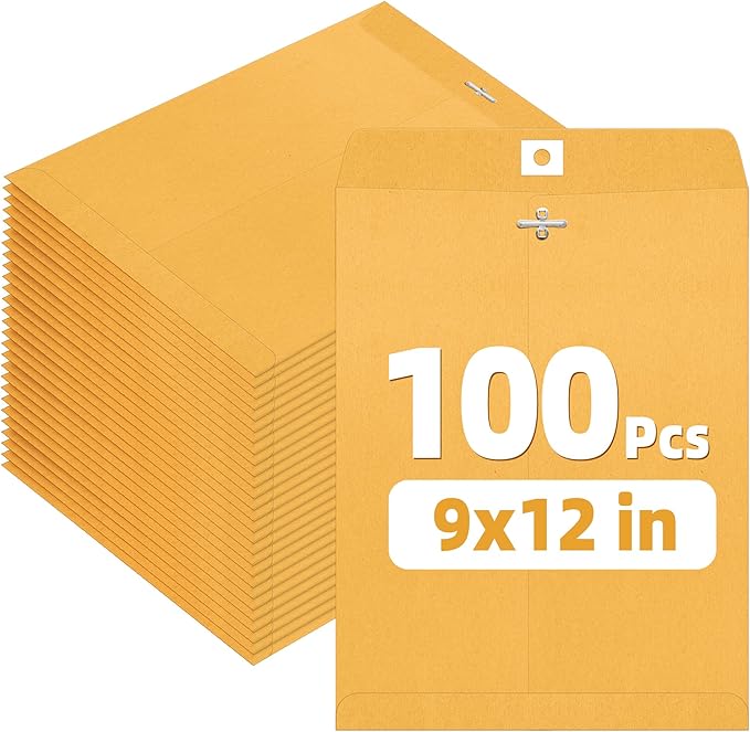 SUNEE Envelops, 9"x12" Brown Kraft Envelopes with Clasp Closure, 28-lb Paper Mailing Envelopes, 100 Count, Great for Filing, Storing or Mailing Documents