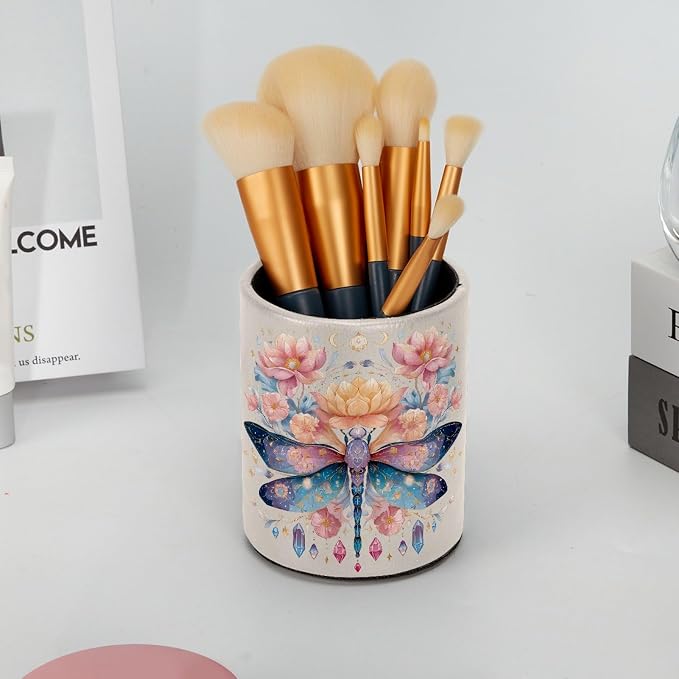 Leather Pen Holder for Desk, Dragonfly Pencil Cup Pen Organizer Makeup Brush Holder for Office Home Kids Countertop Desk Accessory Storage