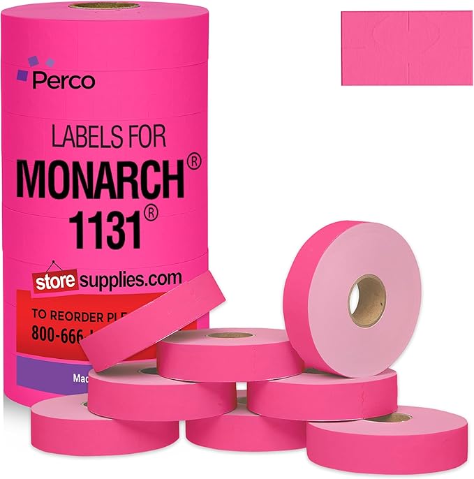 Perco Fluorescent Pink Pricing Labels for Monarch 1131 Price Gun - 1 Sleeve, 8 Rolls, 20,000 Price Marking Labels - with Ink Roll Included