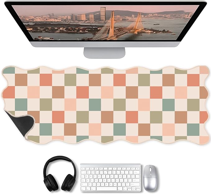 1 Pcs Boho Scalloped Checkered Desk Mat 31.5 x 11.8 Inch Large Cute Mouse Pad Computer Mat Non Slip Waterproof Rubber Base with Border Stitching Soft Keyboard Pad for Home Office Gaming Makeup