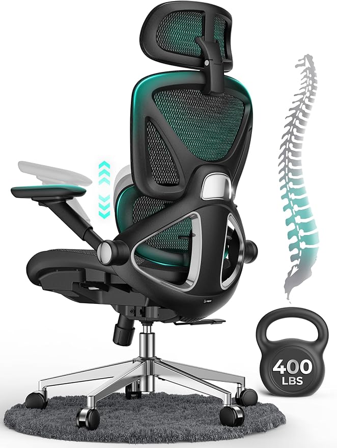 Ergonomic Mesh Office Chair, Adjustable Lumbar High Back Desk Chair 400lbs, 4D Flip-up Arms, 3 Tilt Backrest, 3D Headrest, PU Wheels, Swivel Rolling Computer Chair for Long Desk Work - Black