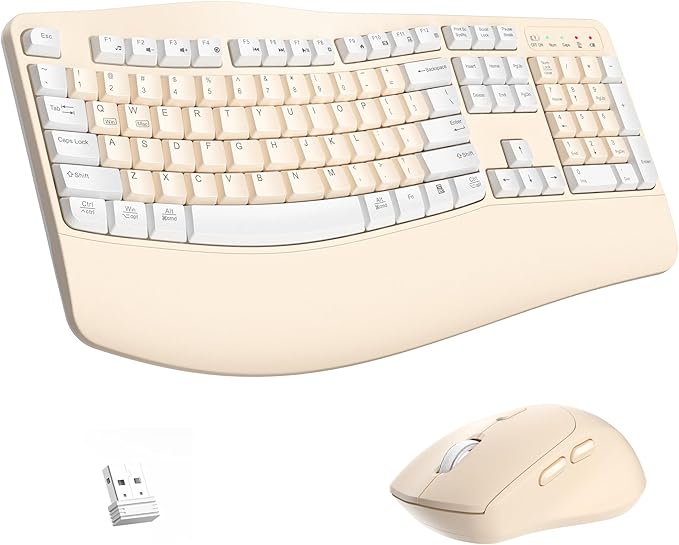Wireless Keyboard and Mouse Combo,2.4G Ergonomic Wave Keys(Latte Color-A) | Full Size Cordless Keyboard with Wrist Rest,3-Level DPI Ergonomic Mouse for Office and Home,Windows/Mac OS/Desktop/Laptop/PC