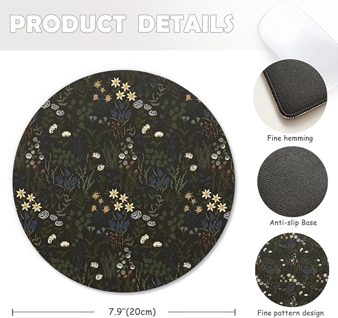 Dark Green Plant Mouse Pad, Cottagecore Herb Botanical Floral Mousepad Mouse Mat with Non-Slip Rubber Base for Home Office Desk Accessories, Green Office Supplies, 7.9x7.9 Inch