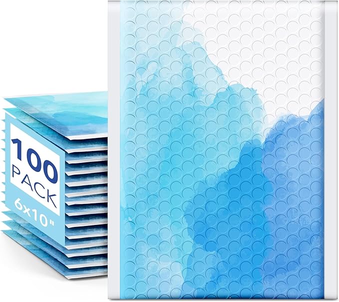 Fuxury Bubble Mailers 6x10" Blue Watercolor Small Padded Envelopes 100 Pack Usable Size 6x9" Strong Adhesion Bubble Envelopes Thick Padded Mailers Waterproof Shipping Bags for Jewelry Makeup #0