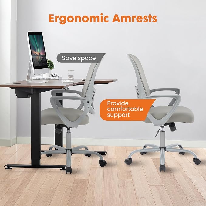 Sweetcrispy Executive Home Office Chair, Mesh Office Chair, Grey | Ergonomic Executive, Adjustable Height, 360° Swivel Wheels, Mid-Back, Comfy Arms, Bedroom, Study, Student