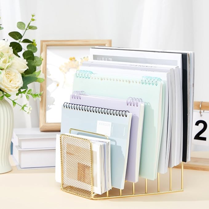 2 Pcs 7 Section Wire File Organizer for Desk, Metal Mesh Incline File Holder, Letter & Magazine Folder Rack, Desktop Paper Sorter for Home Office Back to School (Golden)