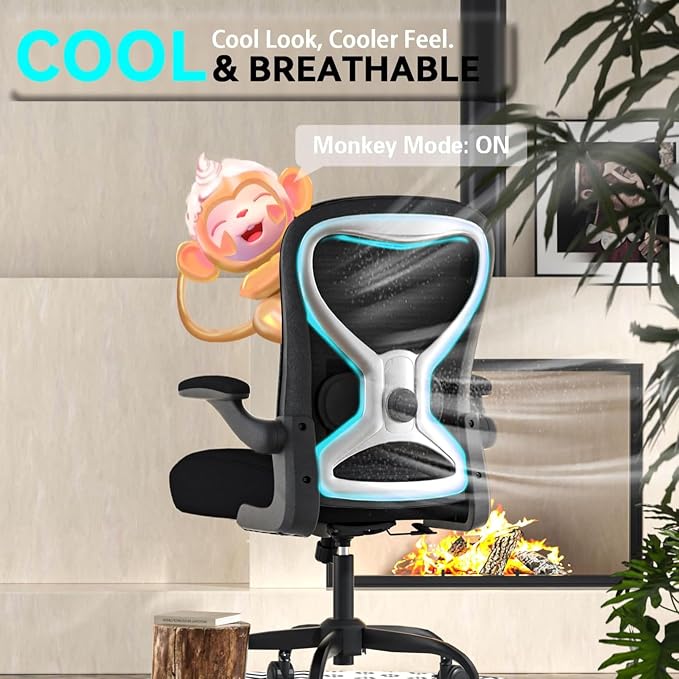 Ergonomic Home Office Chair, 4-Way Lumbar, Thick Cushion, 330LBS | Adjustable Lumbar (up/down/in/out), Rocking Mesh Back, Flip-up Arms, Easy Assembly, Ideal for home offices & small workspaces