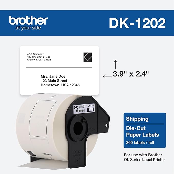 Brother Genuine DK-1202 Die-Cut Shipping Paper Labels, Long Lasting Reliability, 300 Labels Per Roll, (1) Roll per Box