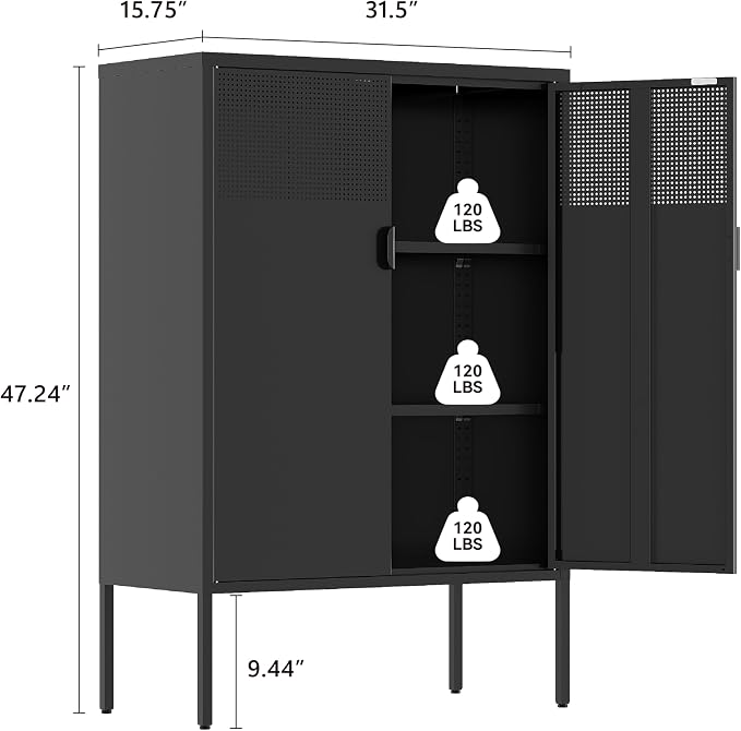 Metal Storage Cabinet,2 Door TV Stand, Metal Mesh Accent Cabinet | Magnetic Door Closure,Low Storage Cabinets with Doors and Shelf for Home,Office,Living Room