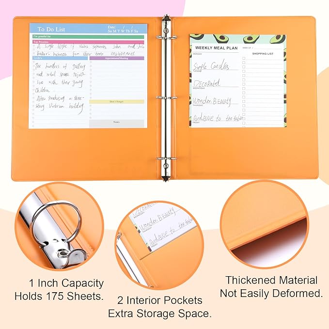 3 Ring Binder - 6 Pack, 1 Inch Binder with 2 Interior Pockets & Clear View Overlay, Large Capacity, Round Ring Binders for Office Supplies, School & Home (6 Colors)