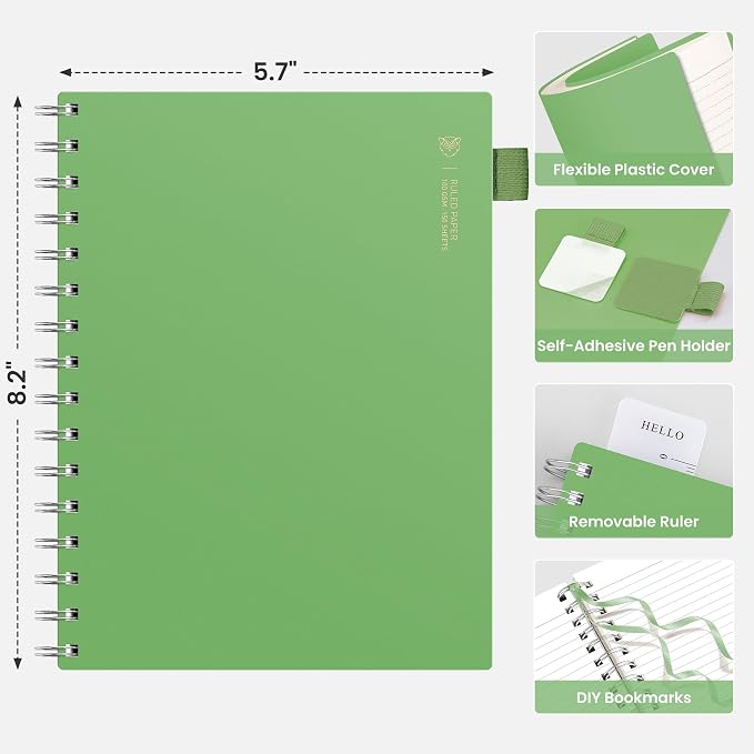 EMSHOI Lined Spiral Journal Notebook, 300 Pages, A5 Size (5.7'' x 8.2'') | College Ruled, 100 GSM Thick Paper, Flexible Plastic Cover, for School, Writing, Work, Office & Journaling (Green)