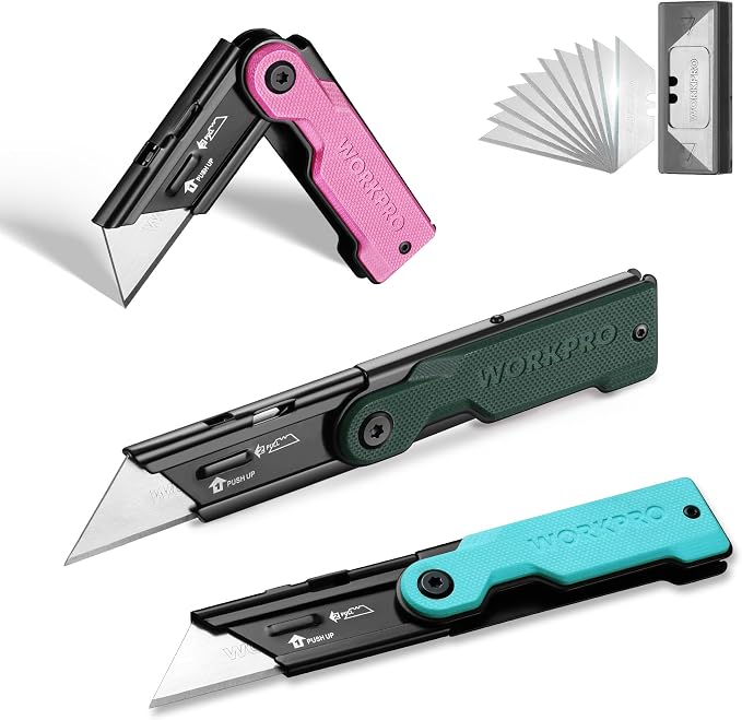 WORKPRO 3-Pack Folding Utility Knife Set, G10 Handle, Multicolor | Box Cutter with 10 Extra SK5 Blades, Quick-Change Razor Knife with Belt Clip, EDC Utility Knife for DIY, Office, Home