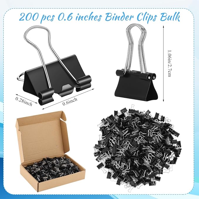 Jetec 200 Pcs Black 0.6 Inch Binder Clip Paper Clamp Metal Paper Clip | for Teachers Students Classroom Business Office and School Office Supplies