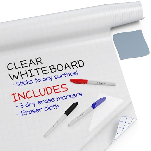 X-Large Chalkboard Wallpaper - Clear | 1.4ft x 6.5ft Adhesive Paper Roll | Includes 3 Markers & Eraser Cloth | Peel & Stick on a Wall, Table & Desk | Ideal for Use at Home, School, Office & More
