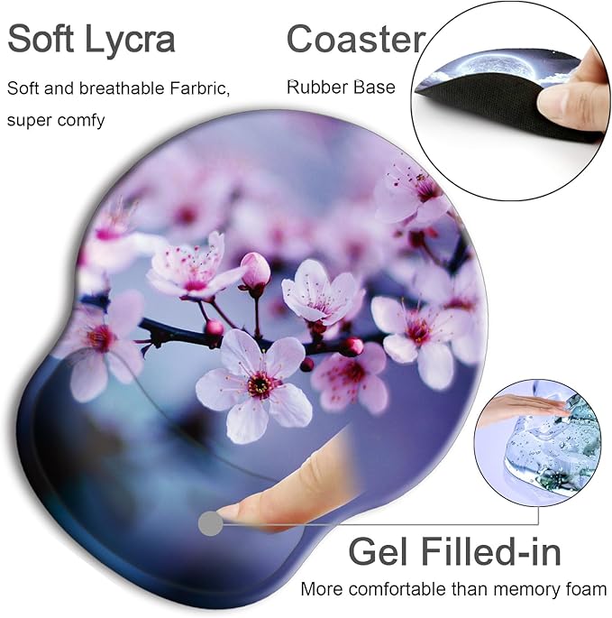 Ergonomic Mouse Pad with Wrist Support Rest,Large Mousepad Gel Wrist Rest, with Coaster Non-Slip & Pain Relief for Computer, Desk, Home&Office-Cherry Blossom