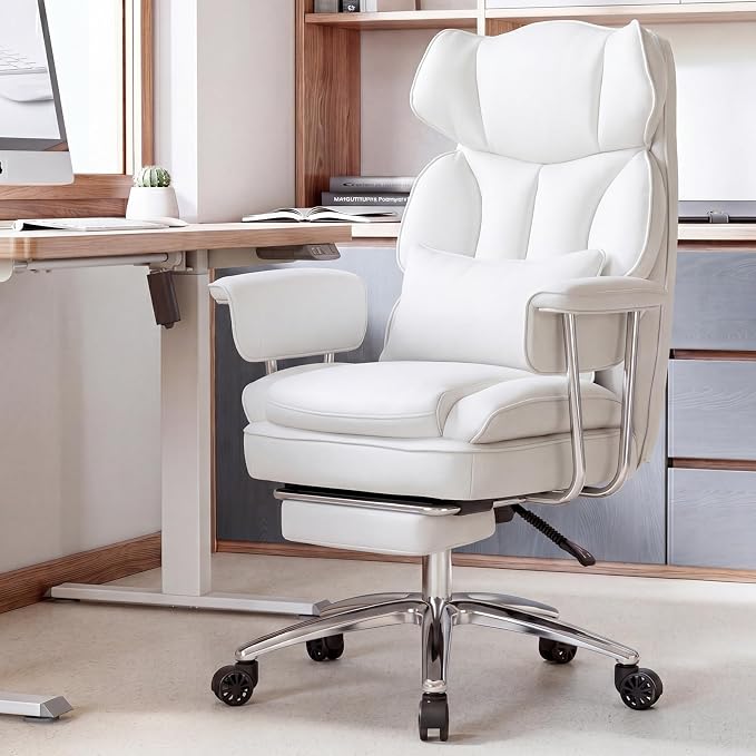 Sweetcrispy Executive Home Office Chair, Ergonomic Desk Chair | Big Tall High Back, Lumbar Support, Reclining Height Adjustable, PU Leather, Computer Gaming, Footrest Swivel Wheels, White