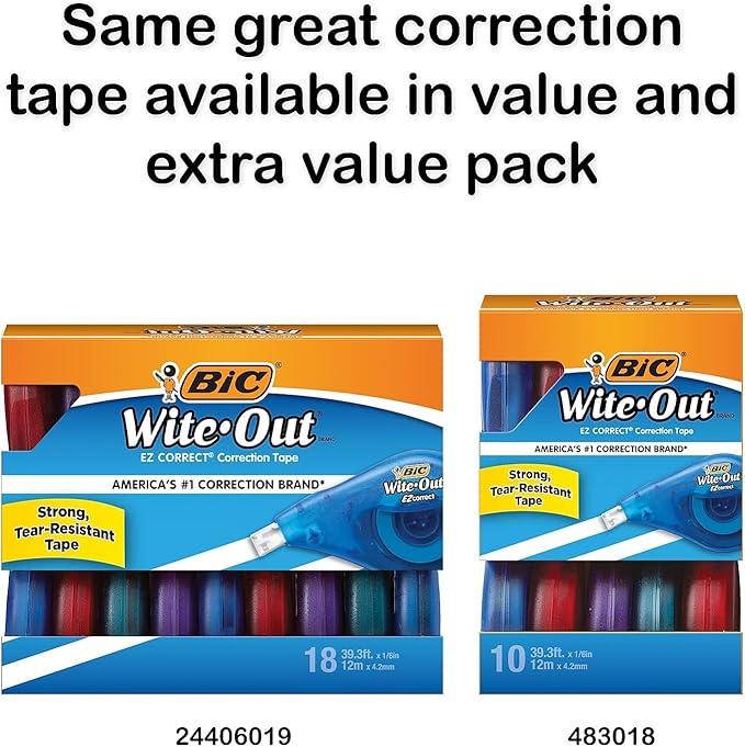 BIC Wite-Out Brand EZ Correct Correction Tape, 39.3 Feet, 2-Count Pack of White Correction Tape, Fast, Clean and Easy to Use Tear-Resistant Tape Office or School Supplies