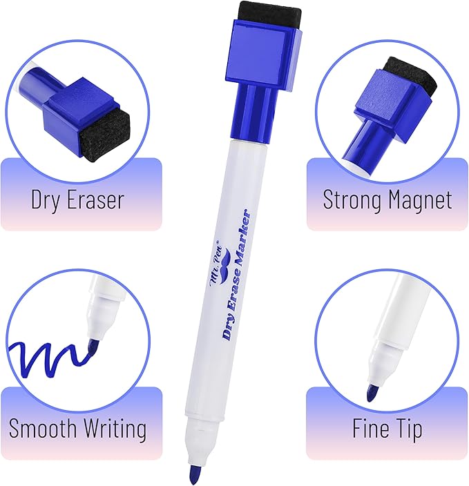 Mr. Pen- Magnetic Dry Erase Markers Bulk, 12 Pack, Fine Tip, Blue with Eraser Cap